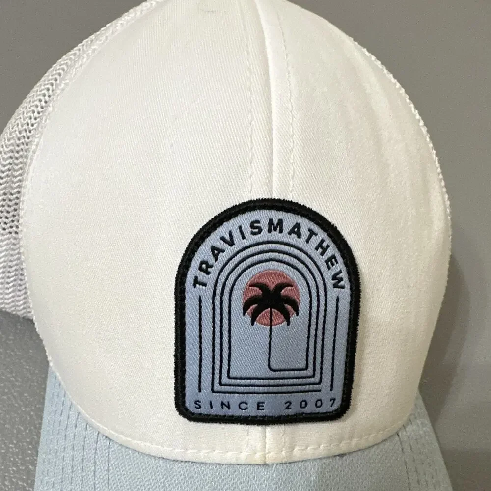 TravisMathew 110 One Ten Flexfit Trucker Hat White/Light Blue Palm Tree